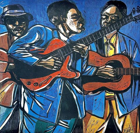 Blue and red musicians